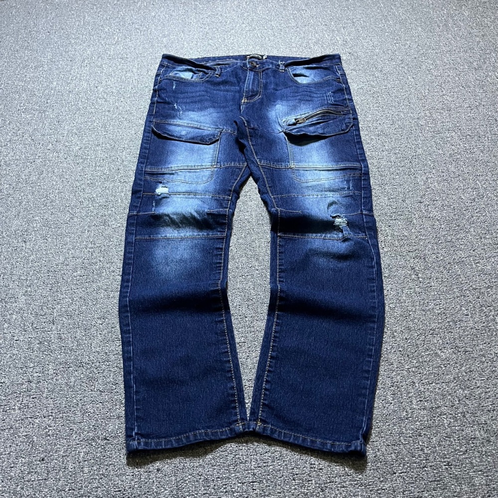 Southpole Skinny Jeans 38x32 Dark Wash Moto Cargo Distressed Streetwear Denim